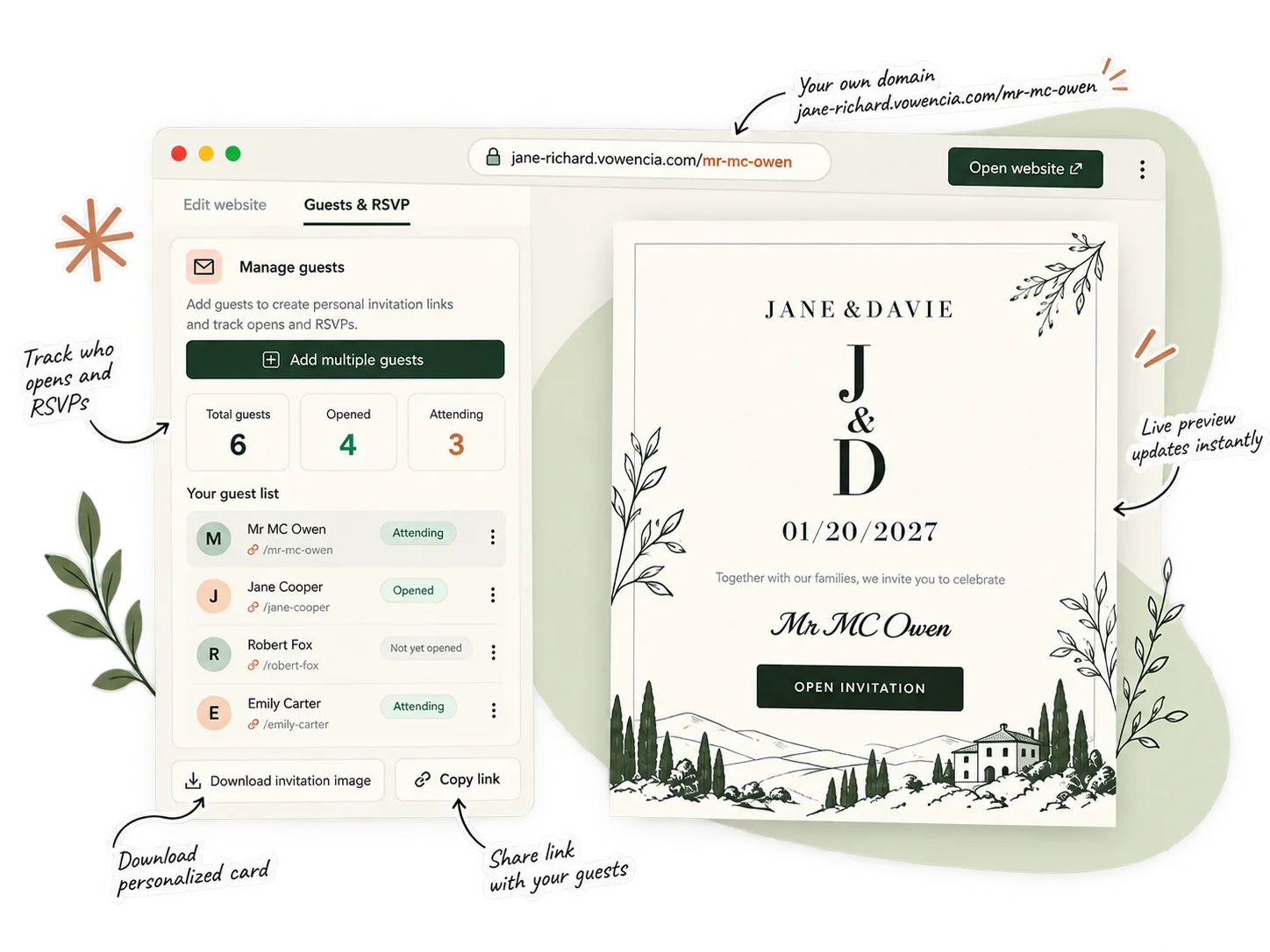 Vowencia guest and RSVP dashboard beside a personalised wedding invitation