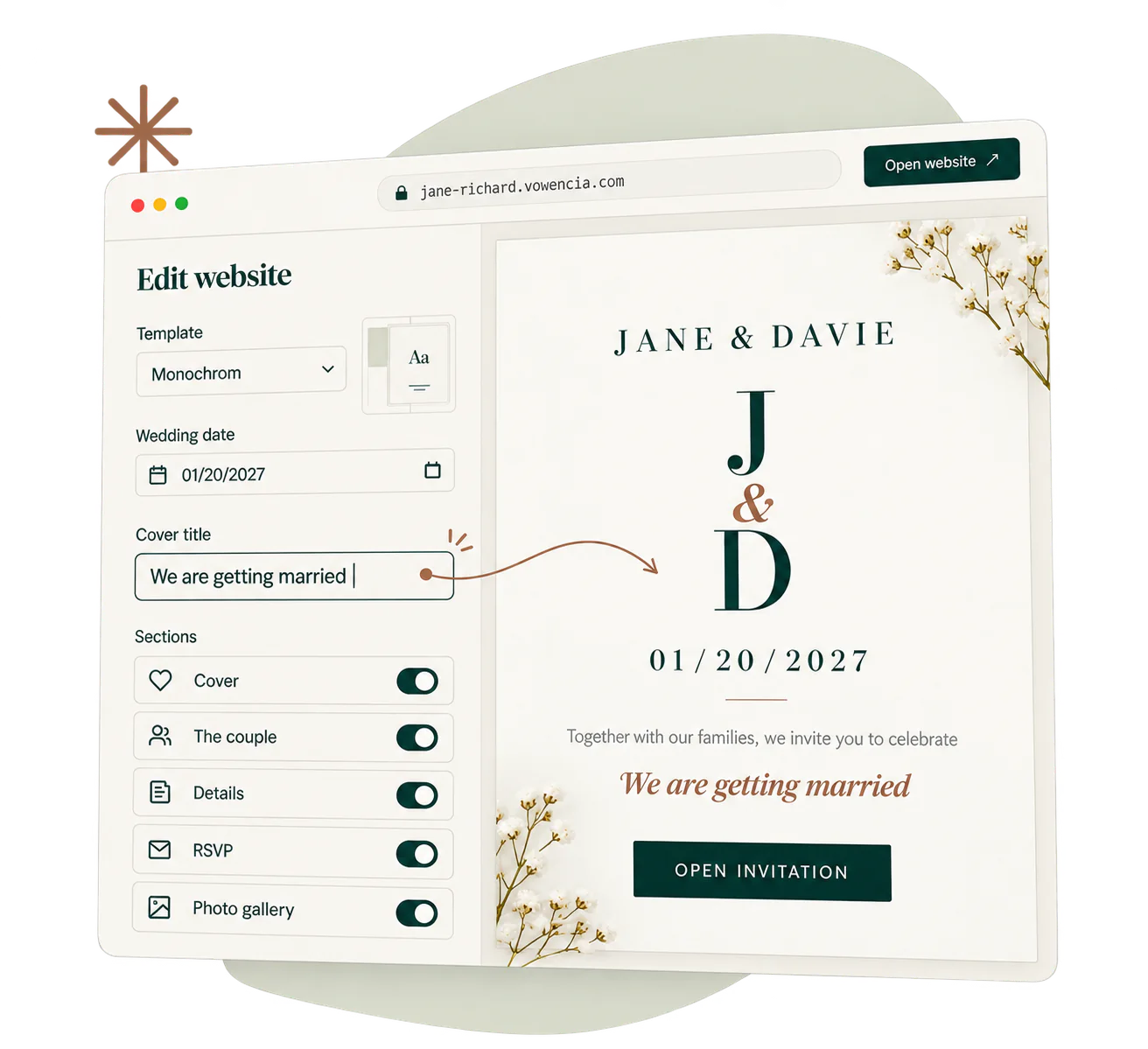 Vowencia wedding website editor with a live invitation preview